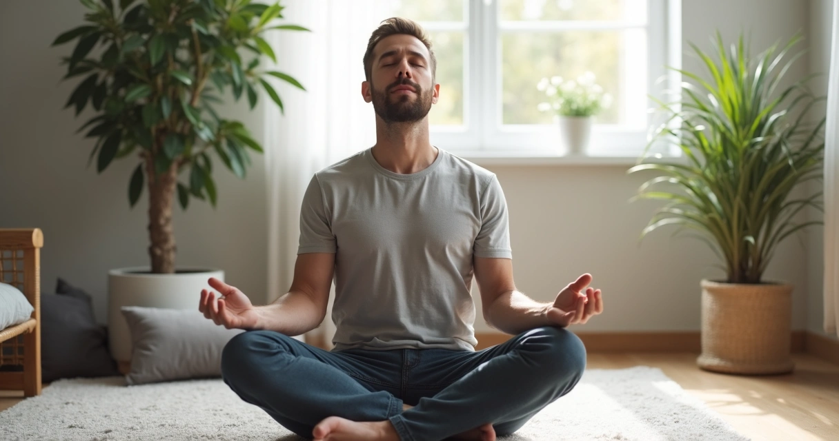 Man practicing deep breathing exercise at home, sitting upright 