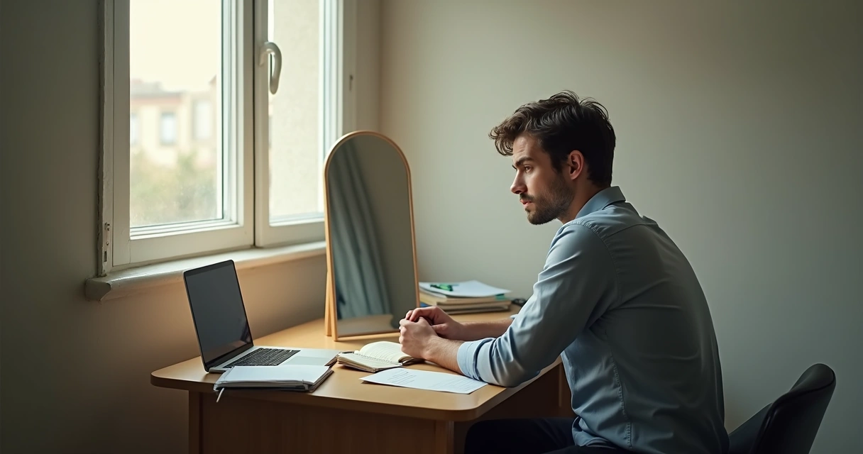 Man sits in front of a mirror looking uncertain, deep in thought 
