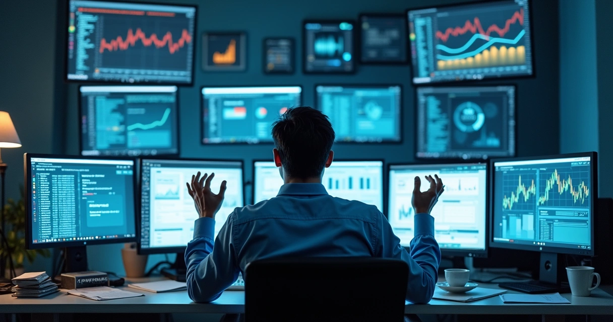 Man in office overwhelmed by screens with data and notifications 