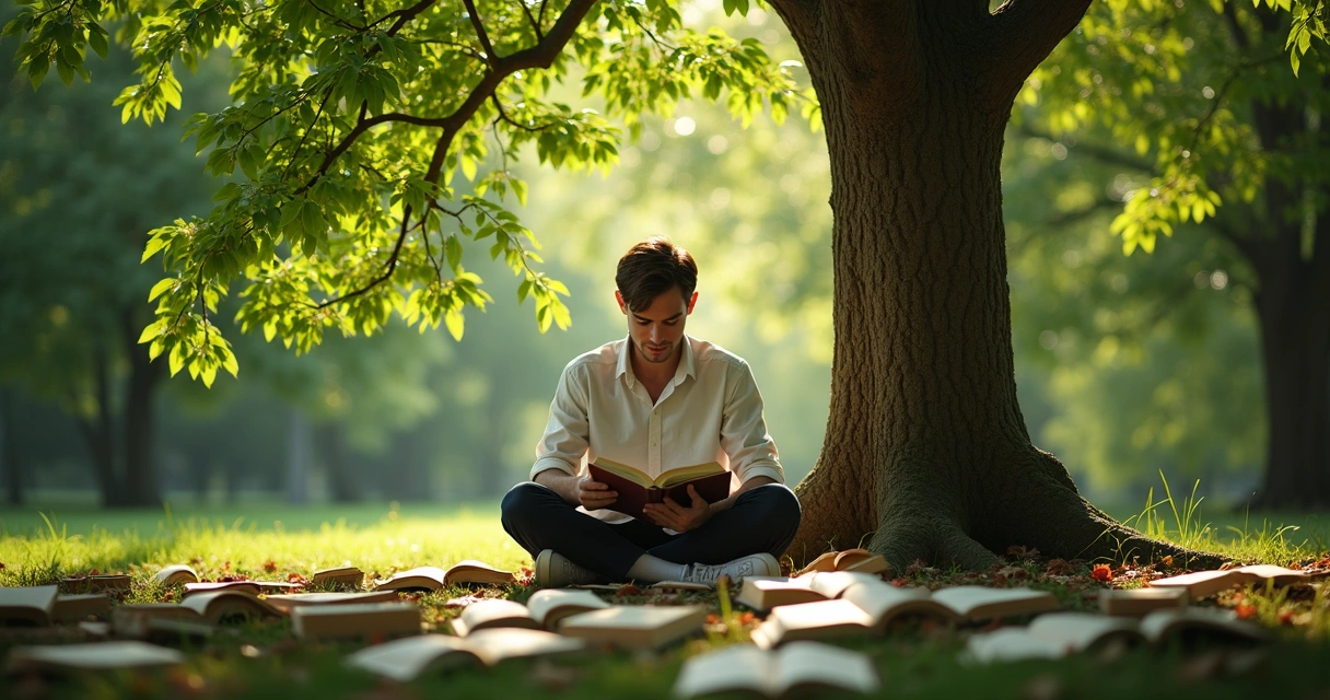 Man sitting under a tree reading a book with leaves around him 