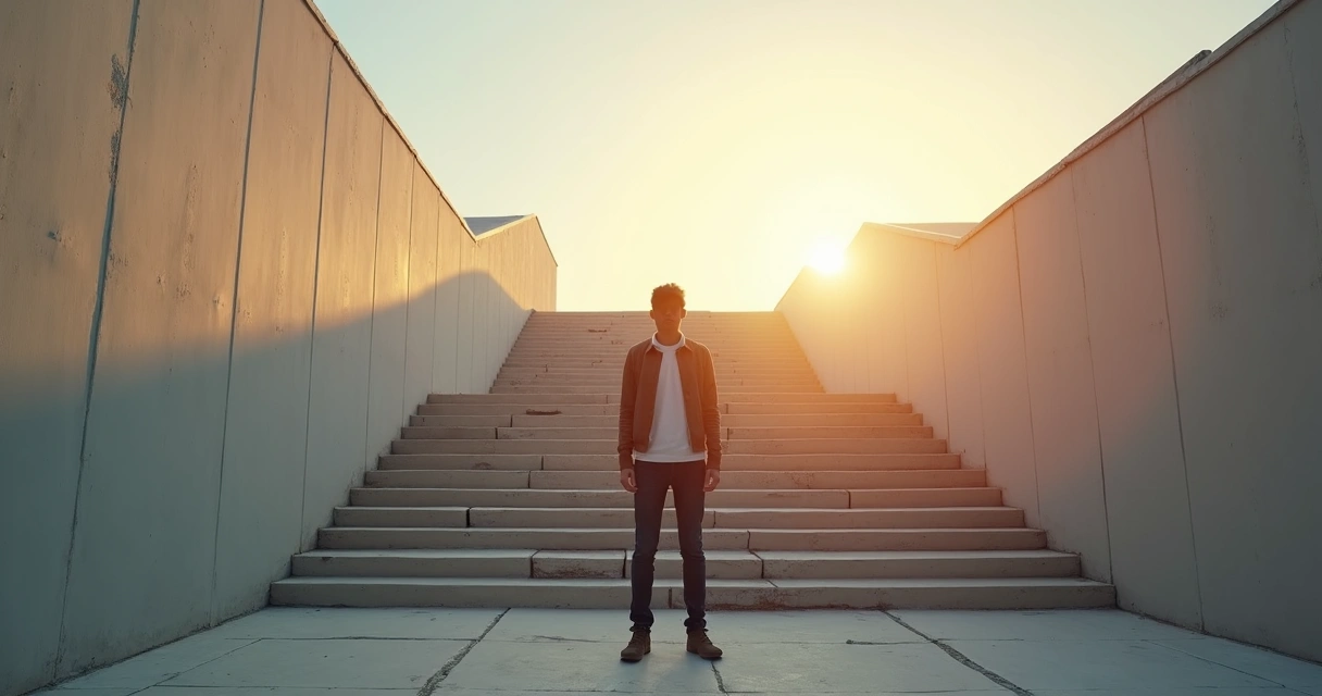 Person standing at broken concrete stairs choosing a new path upward 