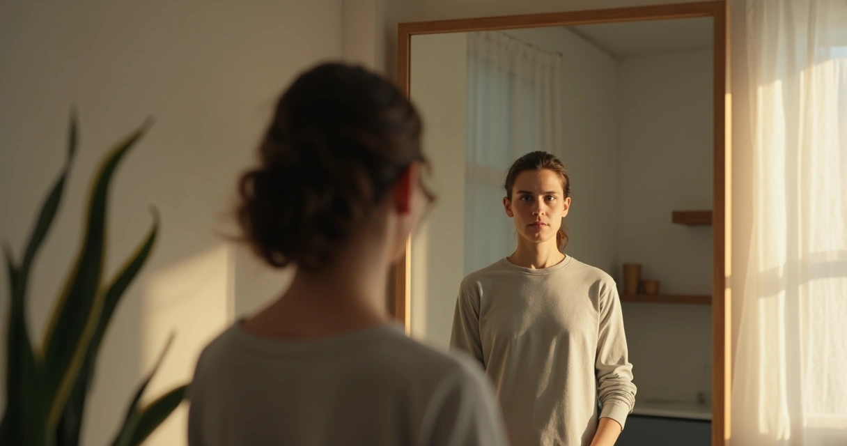 Person looking at reflection in mirror with two contrasting emotional silhouettes behind 