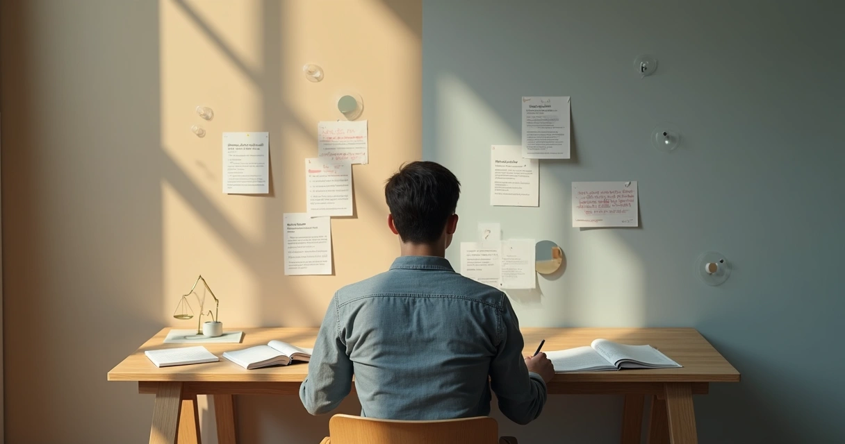 Person reading feedback notes while reflecting in front of split light and shadow 