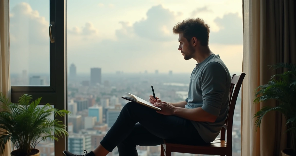 Man sitting by a large window, looking outside lost in thought 