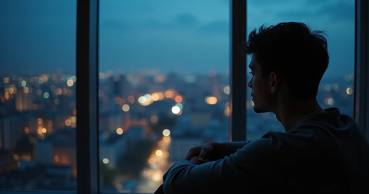 Young man gazing thoughtfully out a window with reflections in the glass, suggesting inner conversation