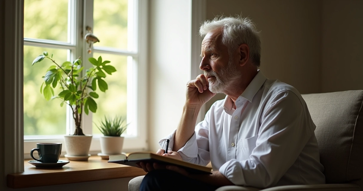 Man writing reflectively in a journal near a window