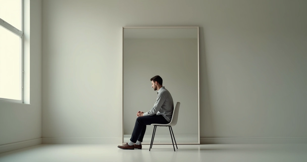 Man sitting and looking at his own reflection in a large mirror 