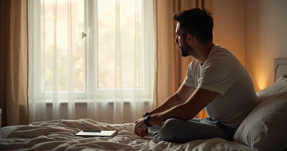 Man sitting on bed reflecting on sleep patterns