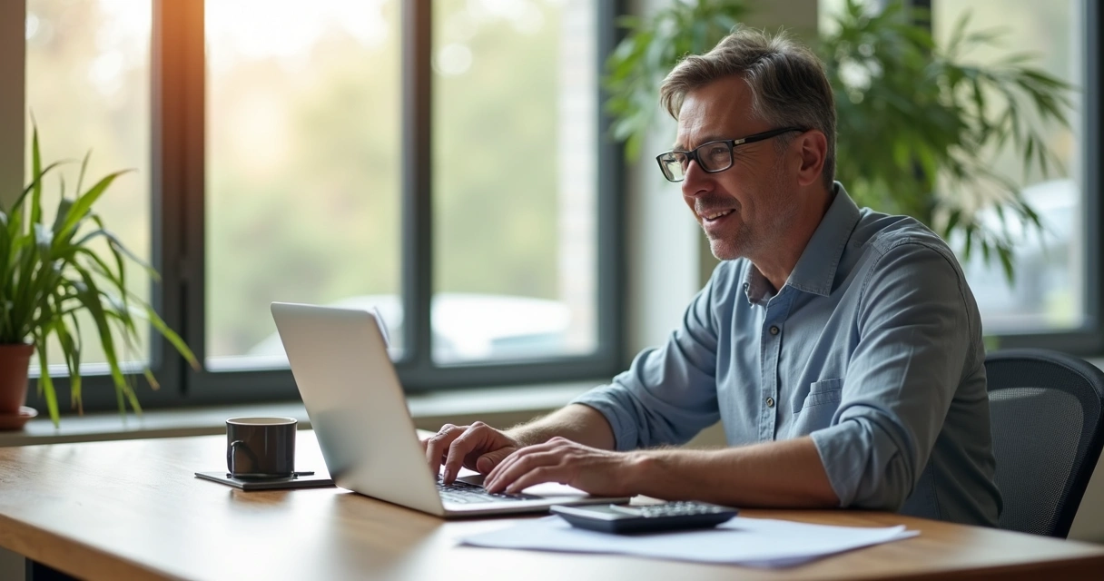 Man reviewing mortgage documents at a tidy home desk 