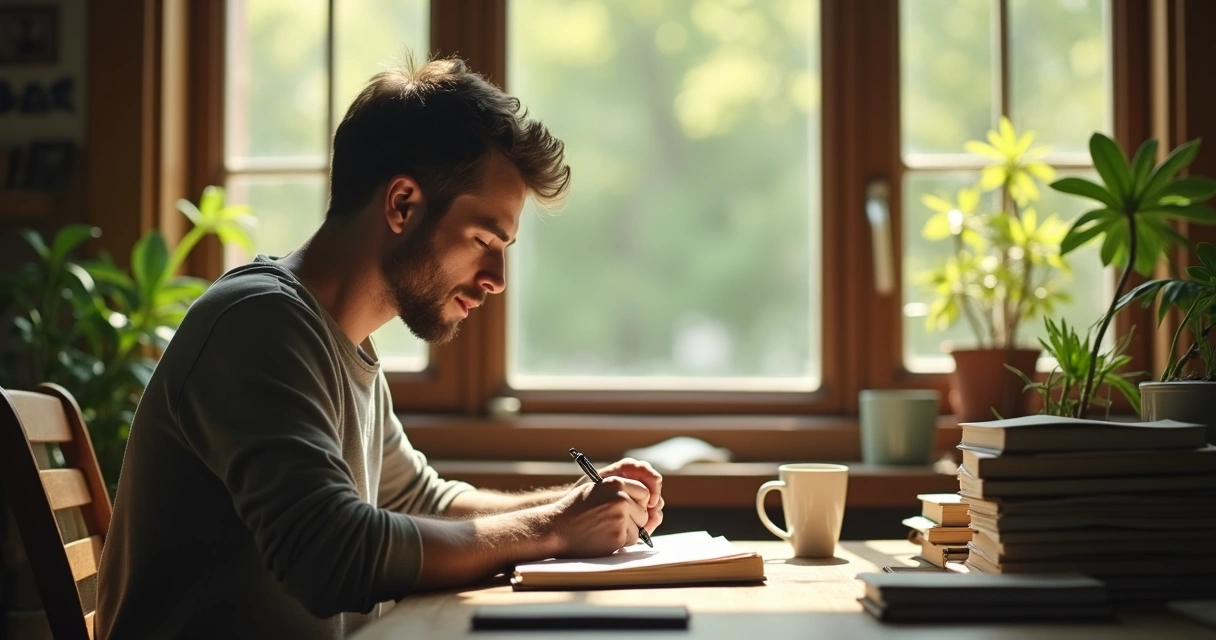 Man in casual clothes sitting at a wooden desk facing a large window, writing in a journal while appearing deep in thought 