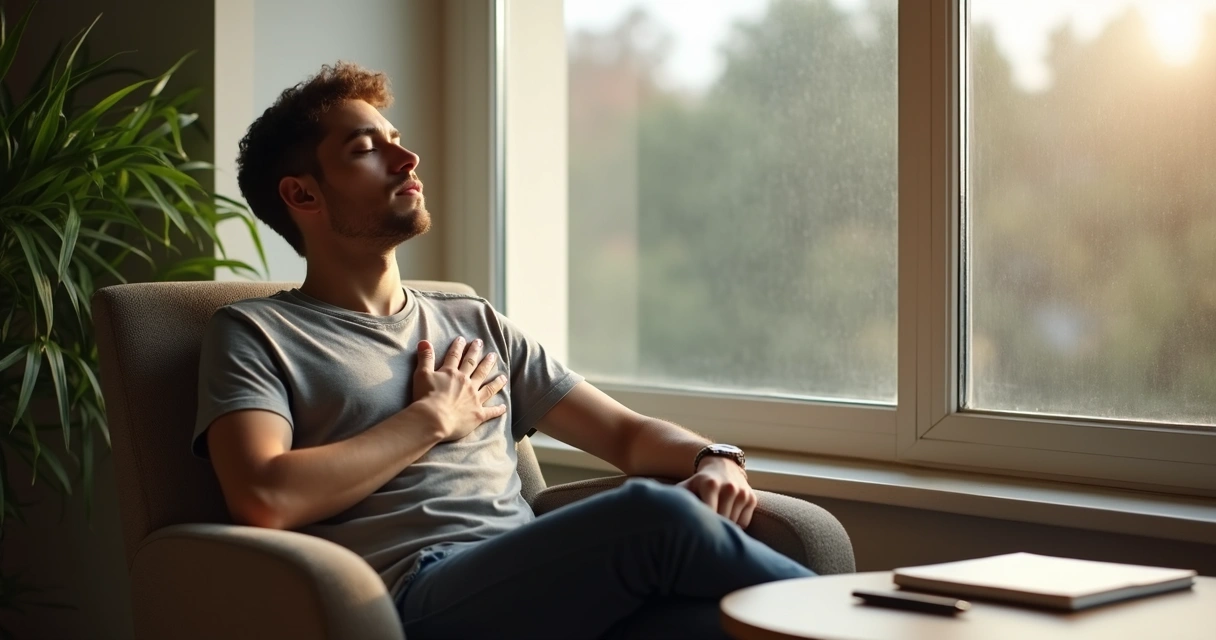 Man in thoughtful pose breathing slowly indoors