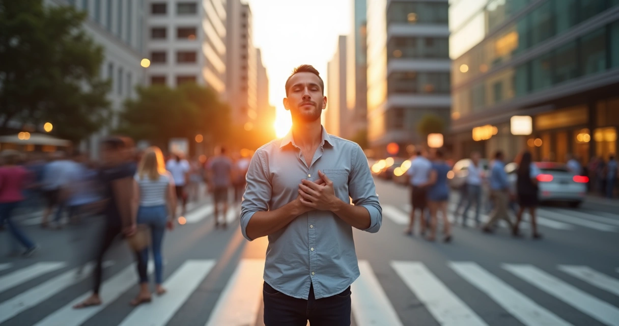 Man pausing and breathing deeply as he shifts from reactivity to calm 
