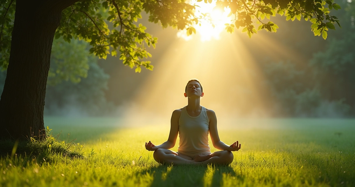 Man sitting in a garden at sunrise, surrounded by greenery