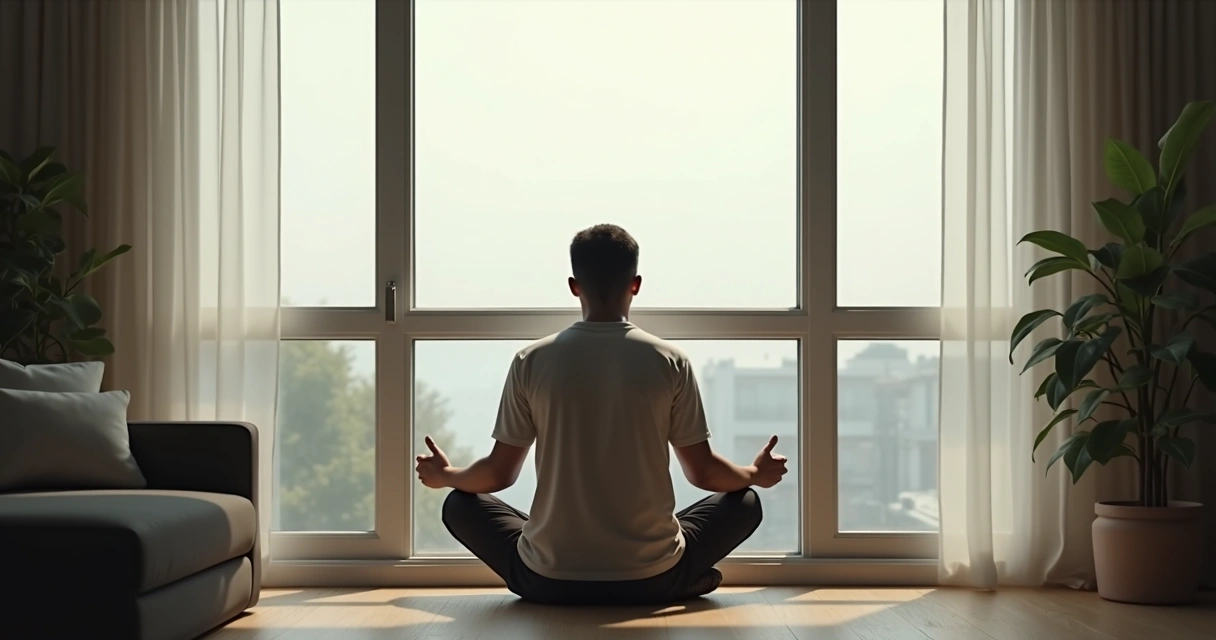 Person sitting quietly by a window, appearing reflective 