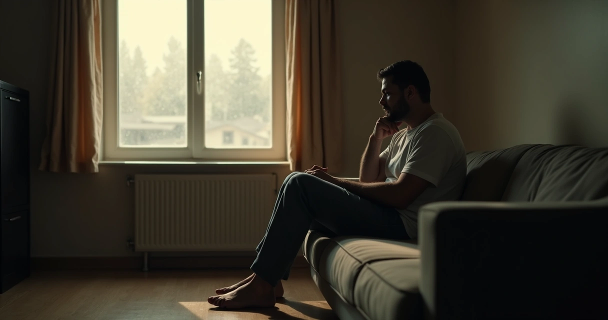 Man sitting in a dark room, reflecting near a window 