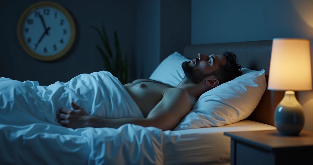 Man lying in bed during sleep, steady breathing, dim light 