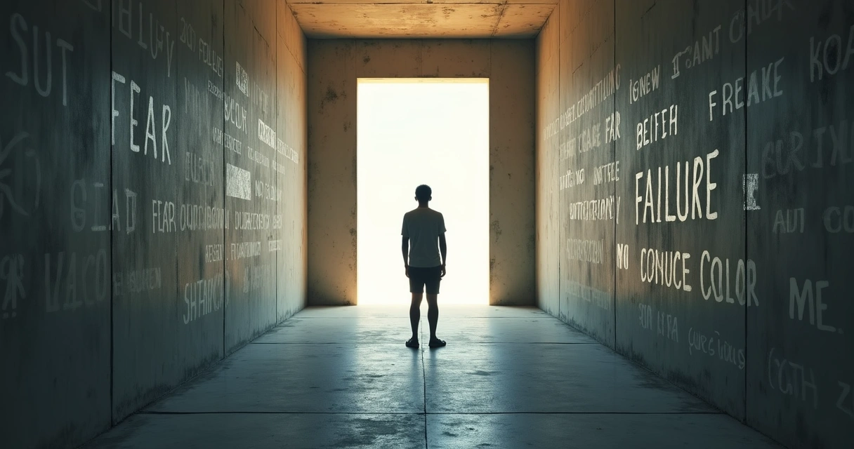 Silhouette facing glowing doorway amid walls covered in fear words 