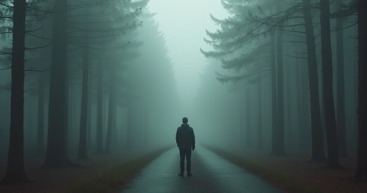 Man stands on a foggy path with trees on both sides 