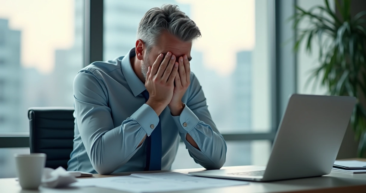 Man in professional attire sitting at desk with head in hands.