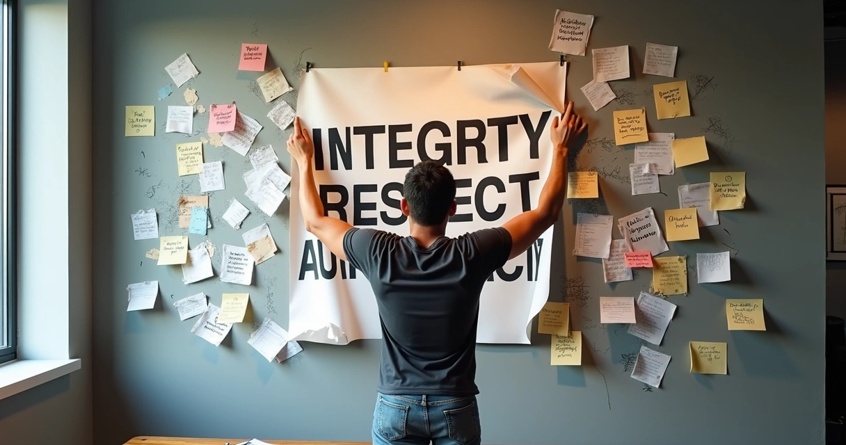 Man tearing glossy value poster to reveal authentic messy wall notes behind 