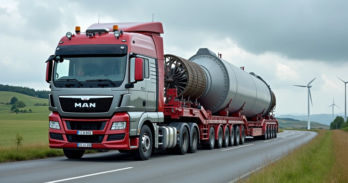 Caminhão MAN TGX 41.640 Leão Rei tracionando carga superpesada em estrada europeia 