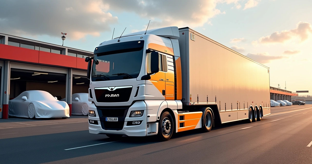 Caminhão MAN TGX com visual Porsche Roughroads estacionado próximo a autódromo francês 