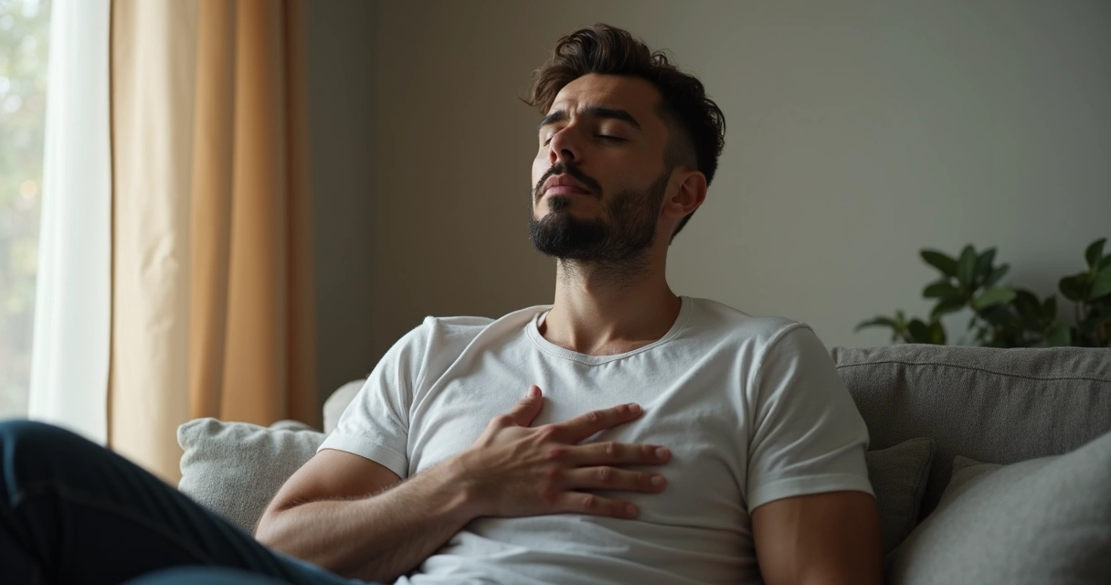 Man sitting quietly with eyes closed, hand on chest, appearing thoughtful