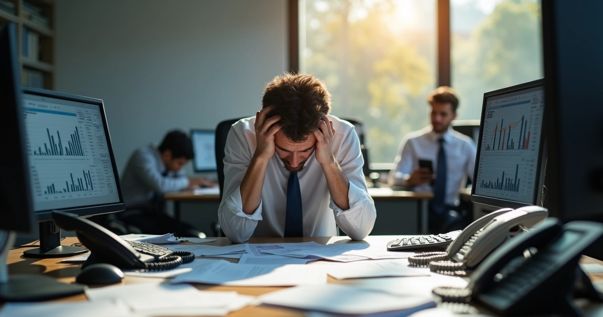 Man sitting at office desk with head in hands, papers scattered around 