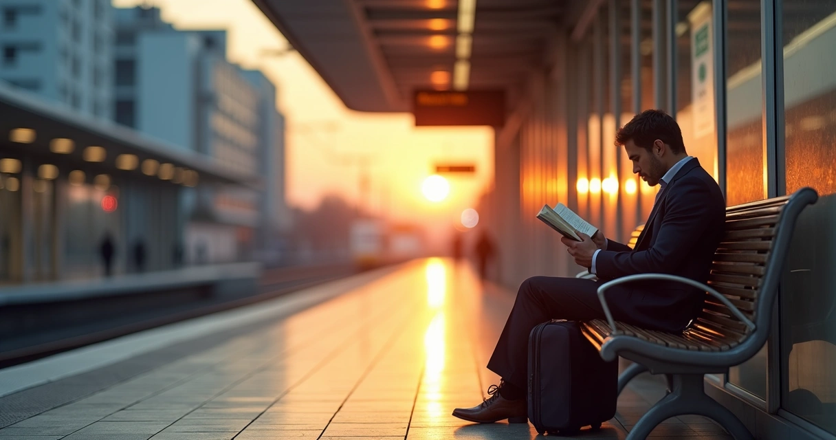 Man seated on a train platform bench reading a book while waiting 