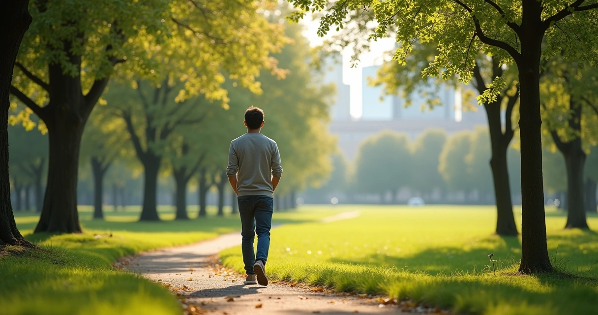 Person walking alone in a green city park, hands in pockets, surrounded by trees. 
