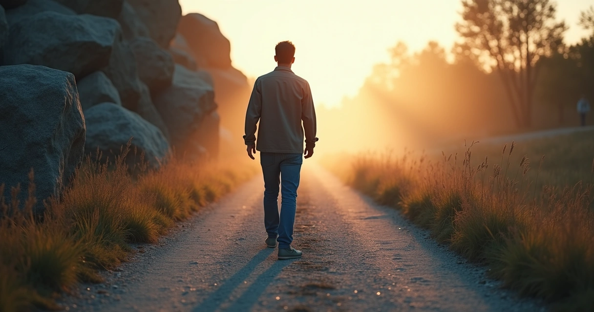 Person walking along a path from shadow into warm light 