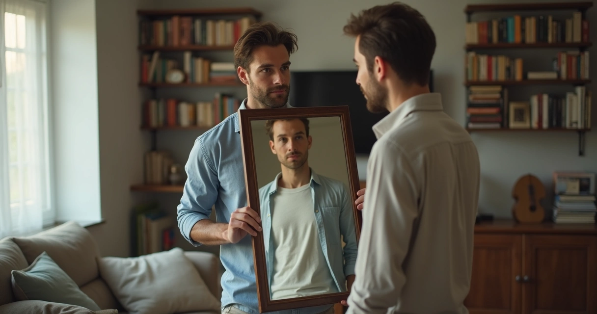 Man holding a mirror towards another person in a room 