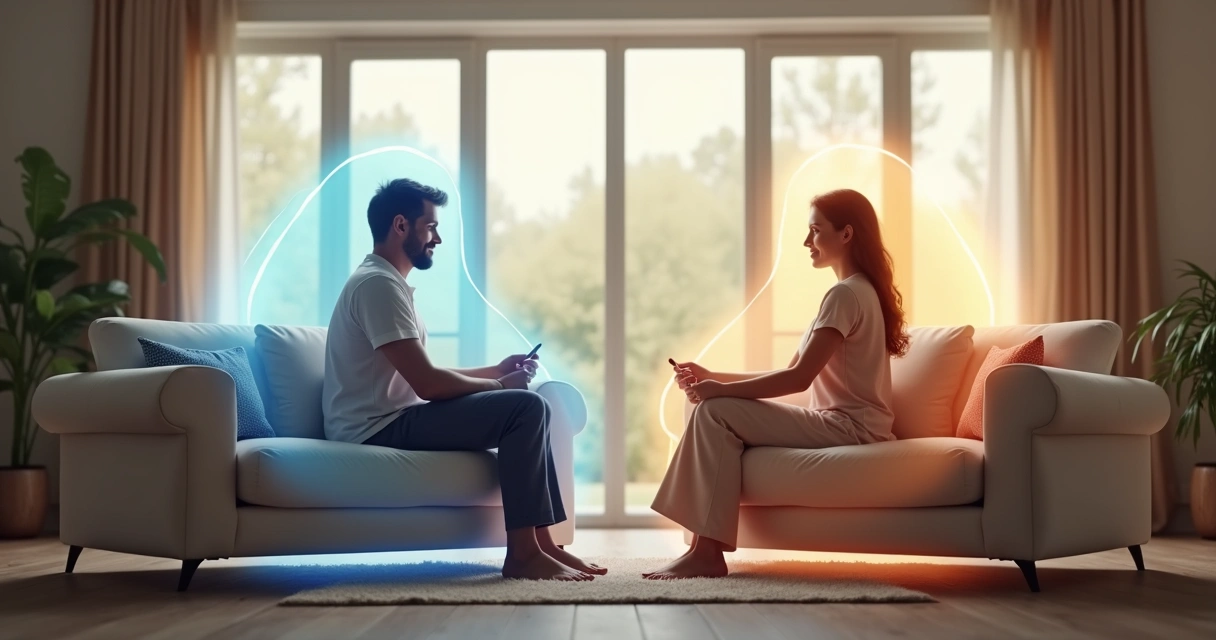 A man and woman sitting on separate couches, each surrounded by a soft glowing outline