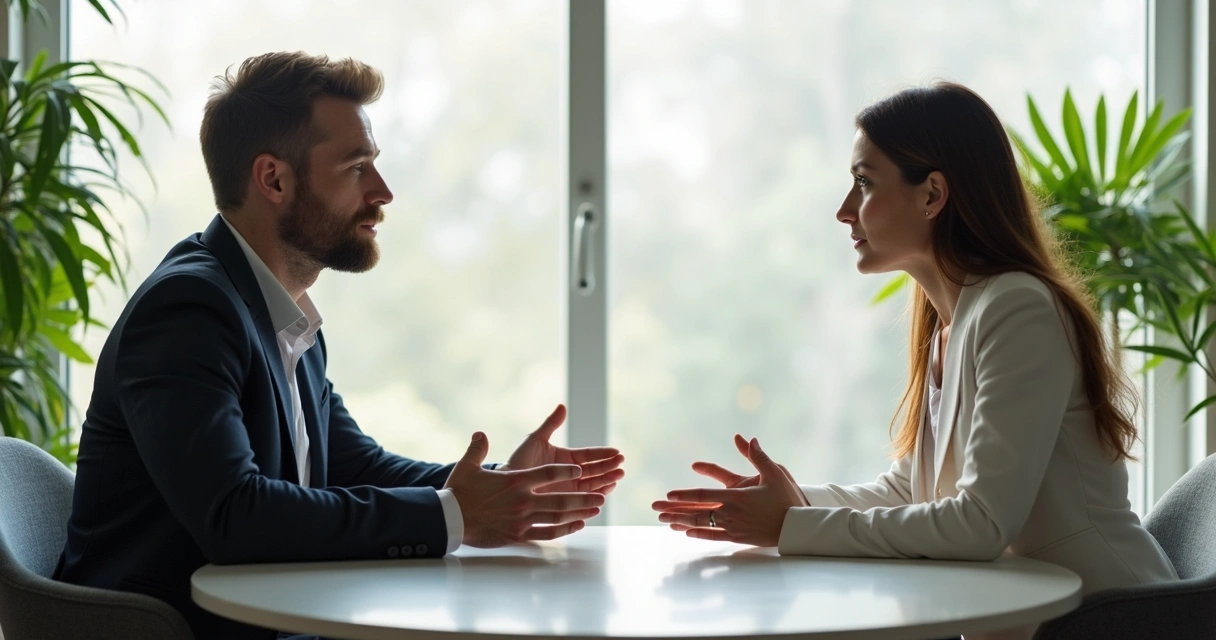 Man and woman in a calm discussion, sitting in a modern, bright office 