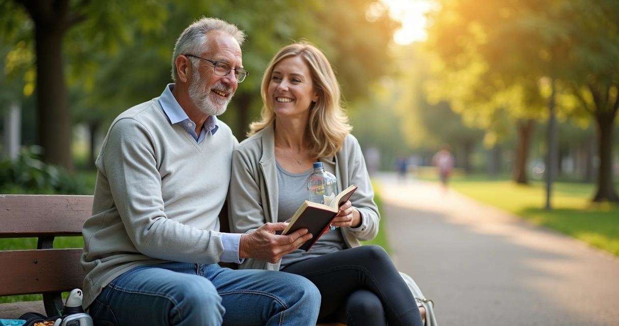 Middle-aged couple relaxing on park bench with diabetes journal 