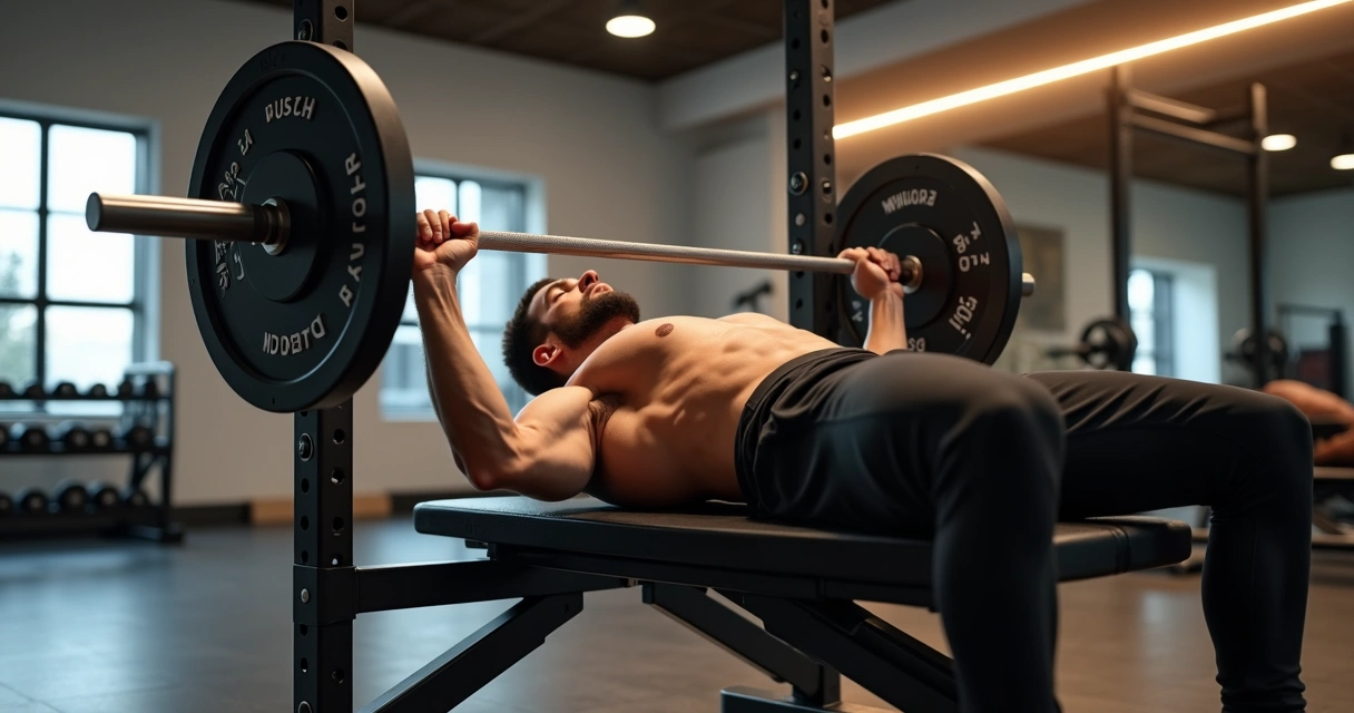 Man executing supino reto bench press with barbell on flat bench in a gym setting 