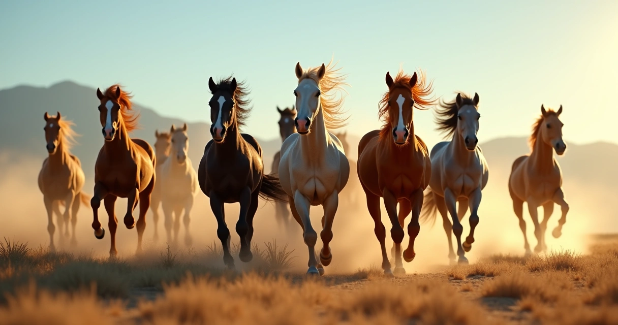 Manada de cavalos selvagens galopando em pradarias secas