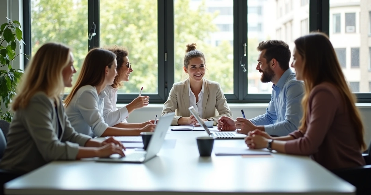 Managers and team discussing around a rectangular table in a bright, modern office. 