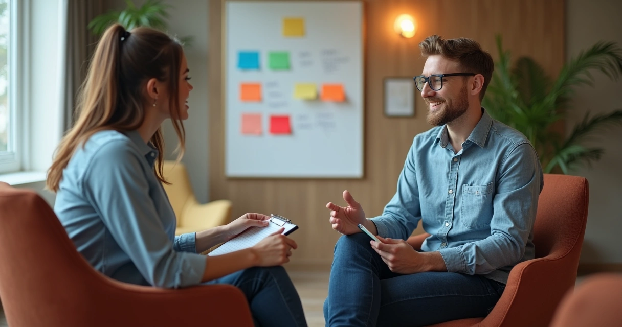 Coach guiding a manager through a communication exercise with feedback