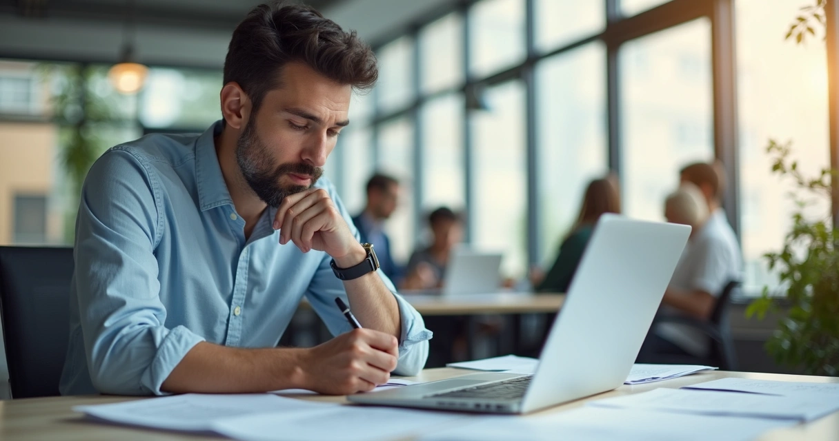 Manager considering decision options at a table with documents and a laptop
