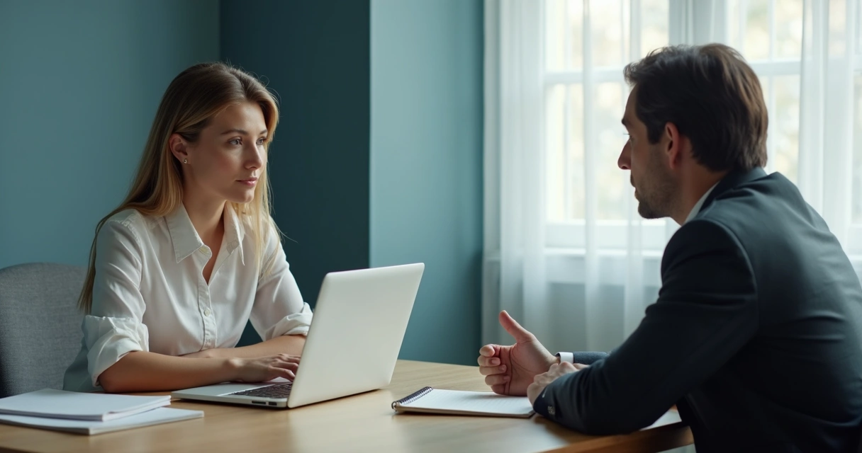 Manager and employee in a calm one-on-one feedback conversation at a desk 