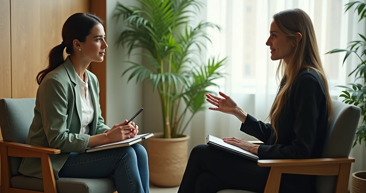 Manager and employee in a calm one-on-one feedback conversation 