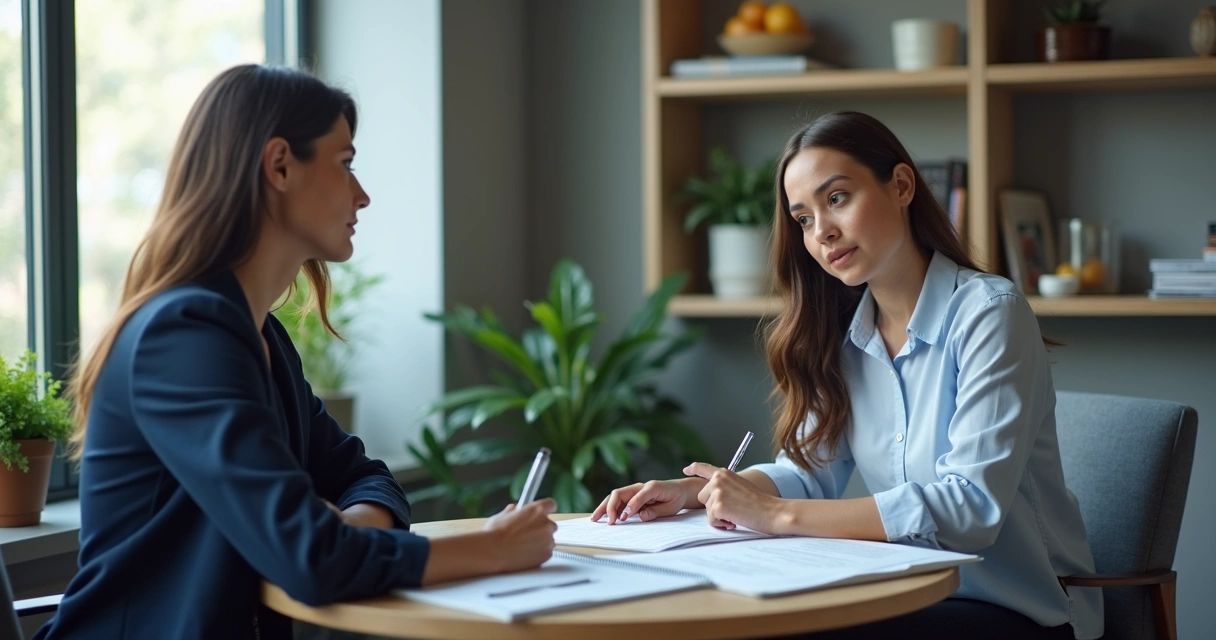 Manager and employee discussing notes during a review meeting