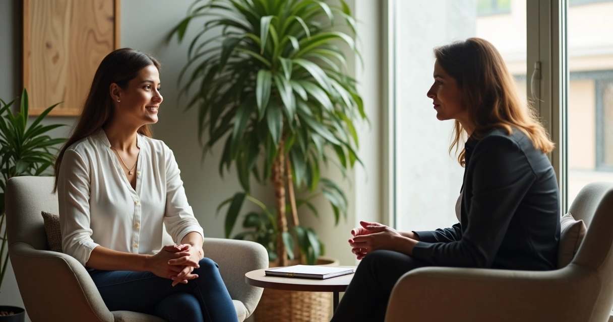 Manager and employee having a calm one-on-one conversation in office