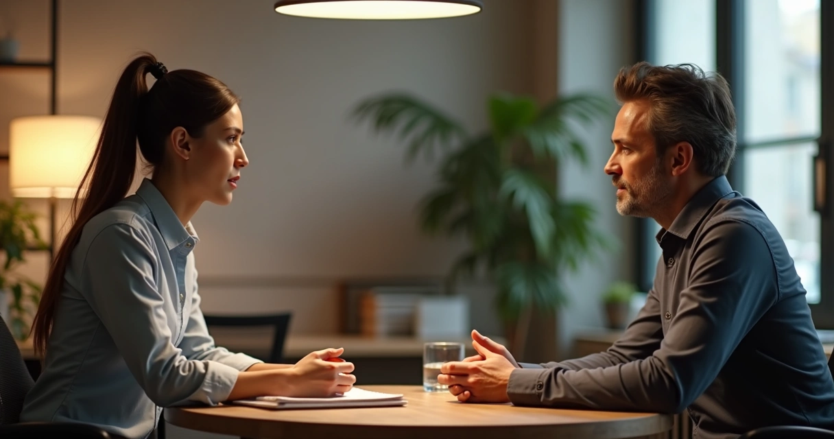 Manager and employee in a calm feedback conversation