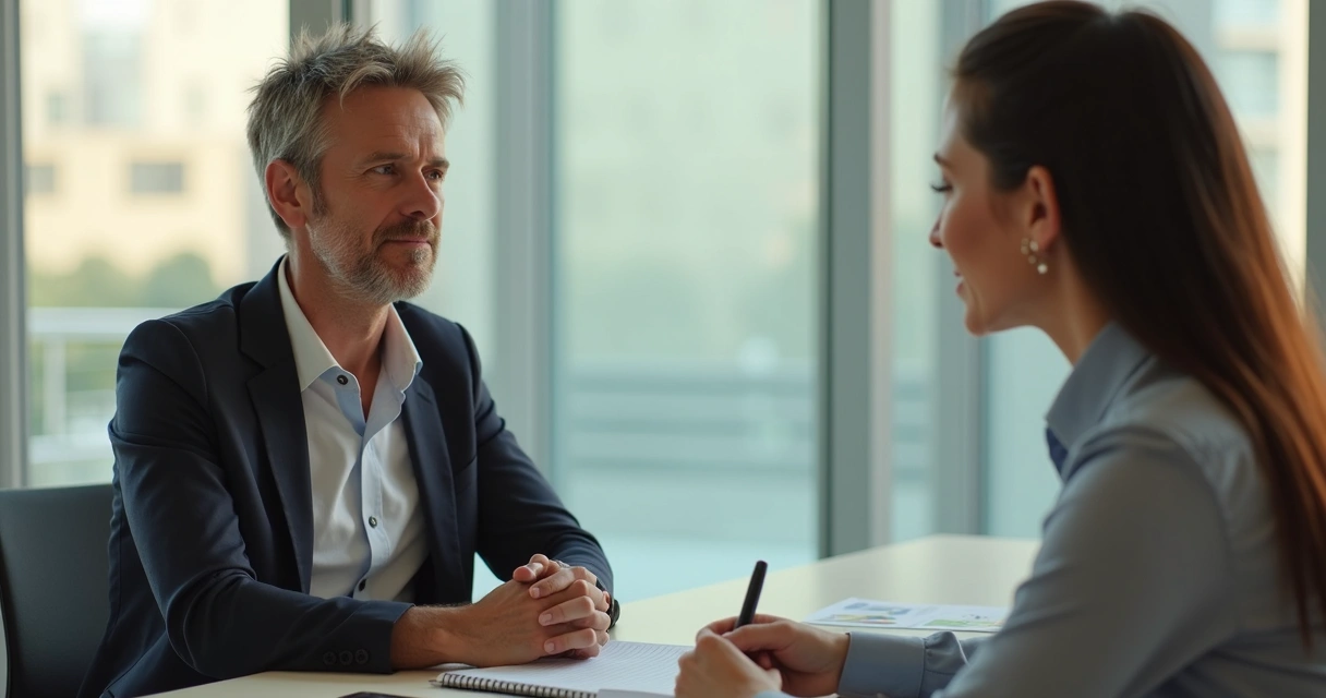 Manager giving feedback to an employee in a private office
