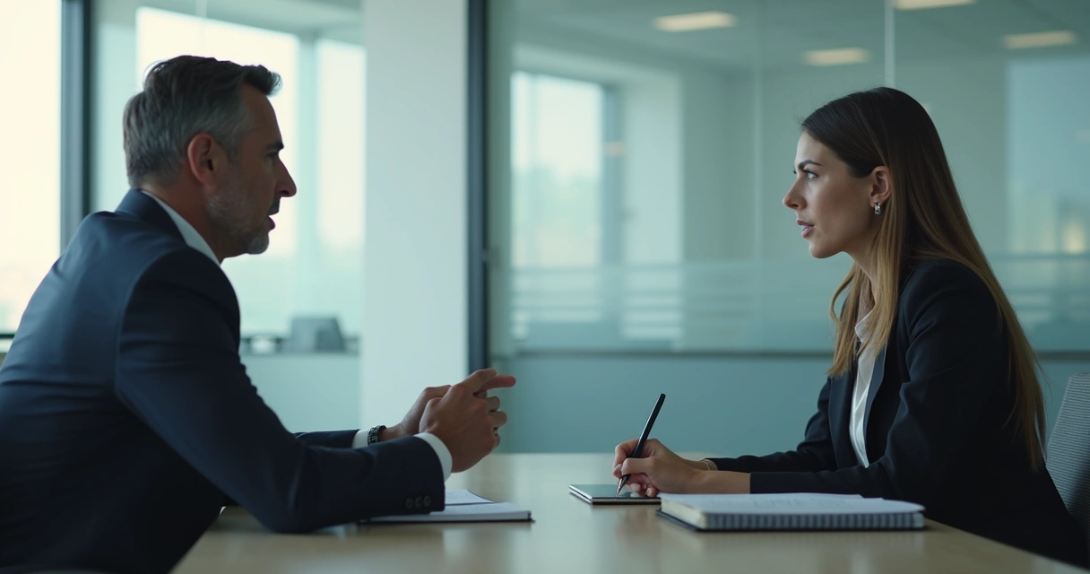 Manager speaking with employee during a feedback meeting in a bright office 