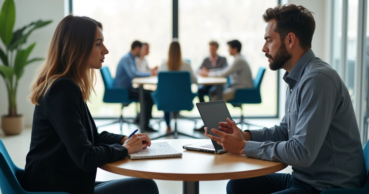 Manager giving feedback to an employee in a calm office meeting 