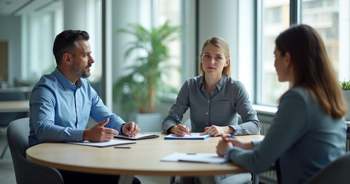 Manager listening to a team member in a meeting room