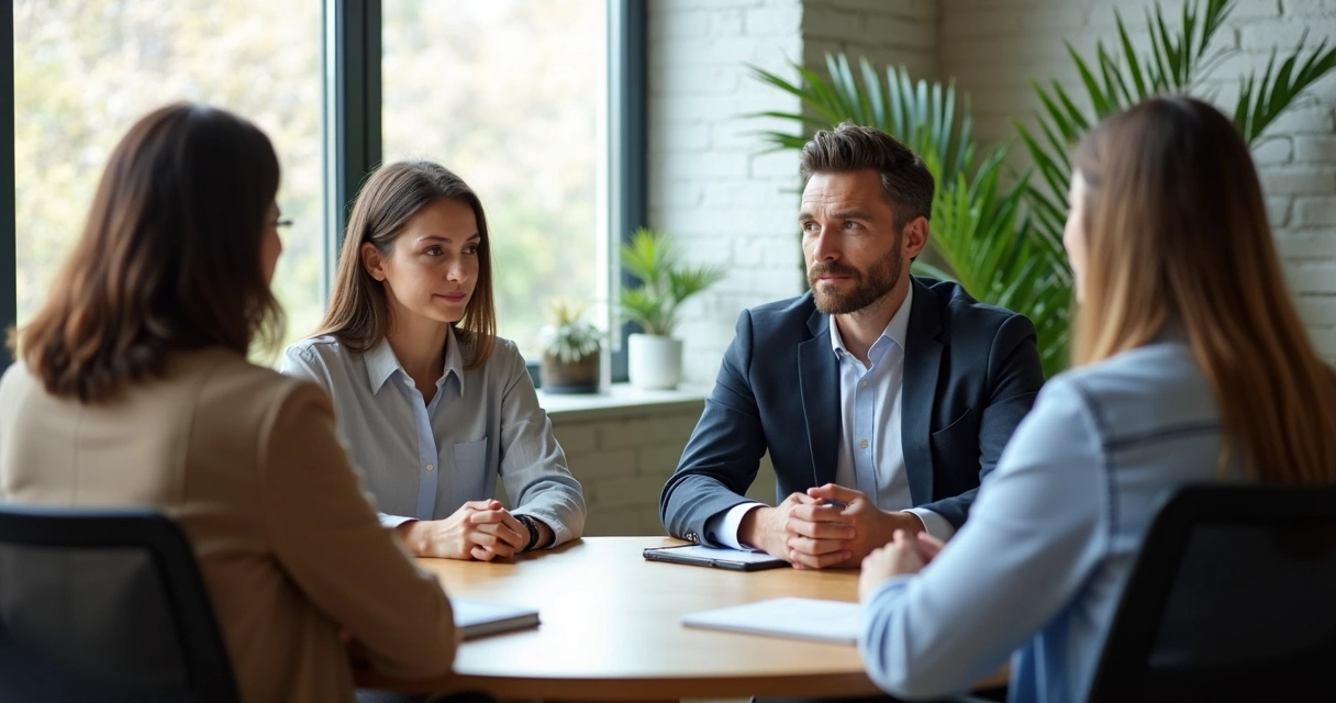 Manager listening during a team meeting with thoughtful body language 